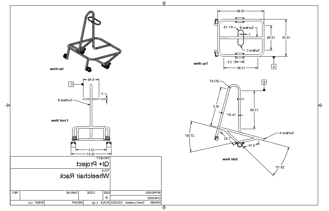 The schematics of the wheelchair attachment for a handcycle.